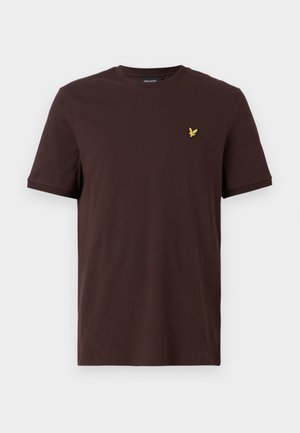 Tricou din bumbac de culoare maronie, cu guler rotund. Prezintă un mic logo cu o pasăre galbenă pe partea stângă a pieptului. Mâneci scurte, textură netedă.