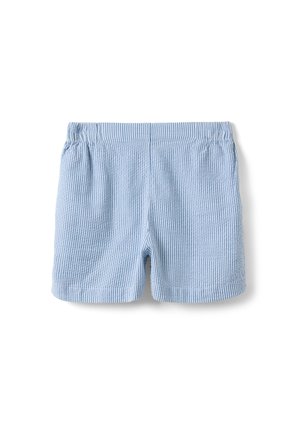 Hellblaue und weiße vertikal gestreifte Kleinkind-Shorts mit elastischem Bund, flach auf weißem Hintergrund ausgelegt.