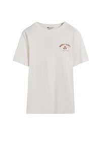Camiseta de algodón blanca con mangas cortas. Presenta el texto rojo "RODEO PARTY" y un diseño floral en el lado izquierdo del pecho. Diseño simple y de corte recto.
