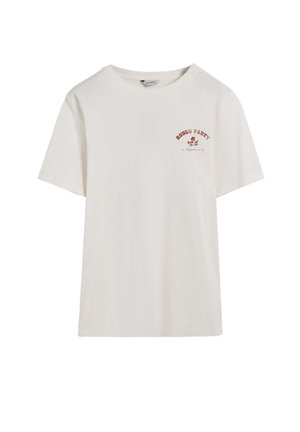 Witte katoenen t-shirt met korte mouwen. Voorzien van rode tekst "RODEO PARTY" en een bloemenontwerp op de linkerborst. Eenvoudig, rechtlijnig ontwerp.