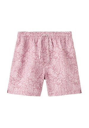 Ružové plavkové šortky s bielym tropickým listovým vzorom a elastickým pásom so sťahovacou šnúrkou.