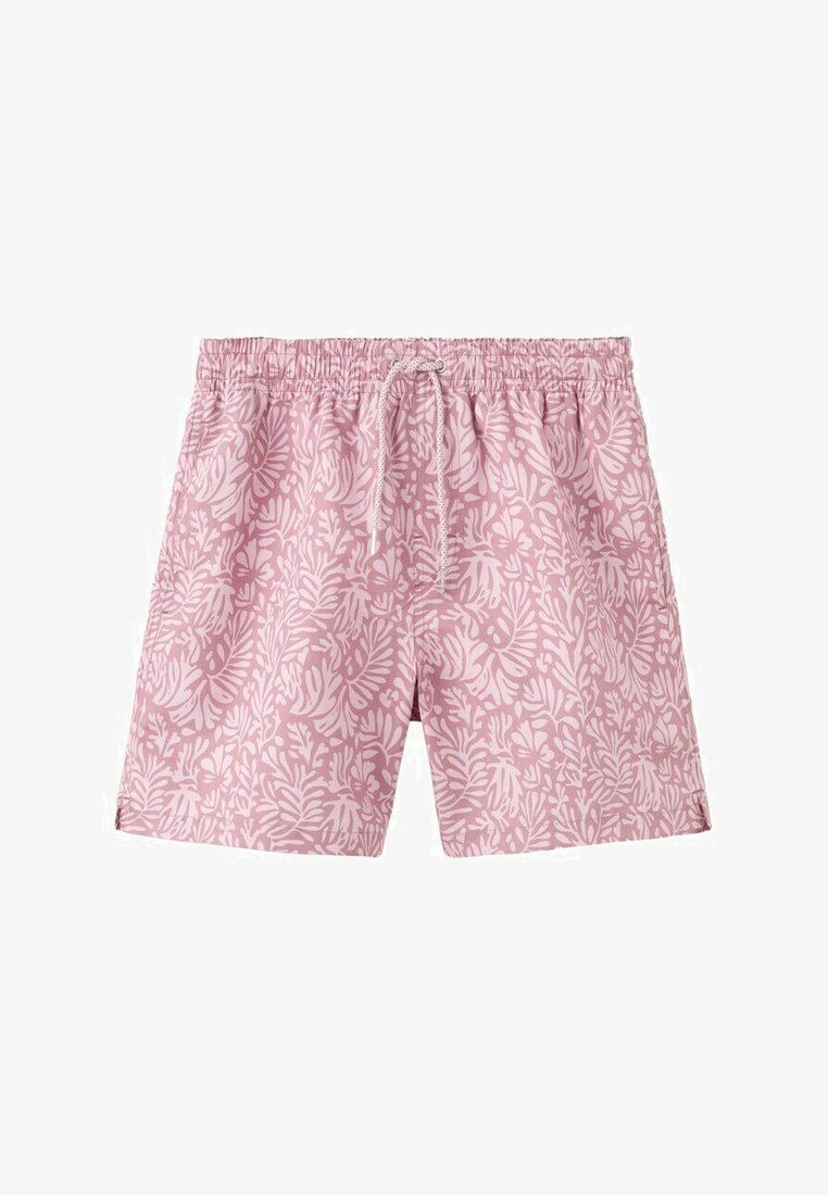 Shorts de bain roses avec un motif de feuilles tropicales blanches et une taille élastique avec cordon de serrage.