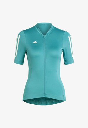 Cyan fietsshirt met korte mouwen, een ritssluiting aan de voorkant en witte accentstrepen op de schouders. Gemaakt van lichte, gestructureerde stof.