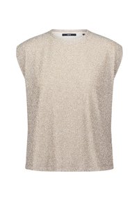 Beżowy dzianinowy top bez rękawów z szerokimi ramionami i okrągłym dekoltem, charakteryzujący się subtelną, cętkowaną teksturą.