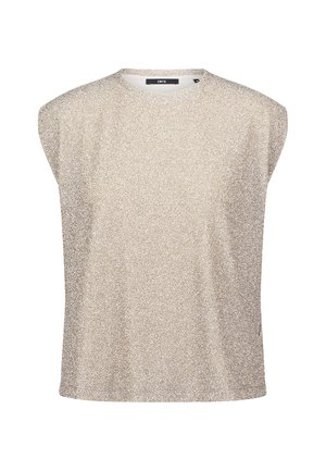 Beżowy dzianinowy top bez rękawów z szerokimi ramionami i okrągłym dekoltem, charakteryzujący się subtelną, cętkowaną teksturą.