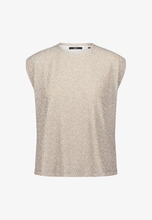 Beżowy dzianinowy top bez rękawów z szerokimi ramionami i okrągłym dekoltem, charakteryzujący się subtelną, cętkowaną teksturą.