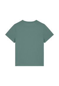 Baumwoll-T-Shirt in gedämpftem Grün, kurze Ärmel, Rundhalsausschnitt, glatte Textur, einfaches Design, keine Muster oder Grafiken. Rückansicht dargestellt.