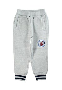 Pantalon de survêtement en coton gris avec deux poches latérales, poignets côtelés ornés de rayures bleu marine et un écusson brodé "Crime Fighter".