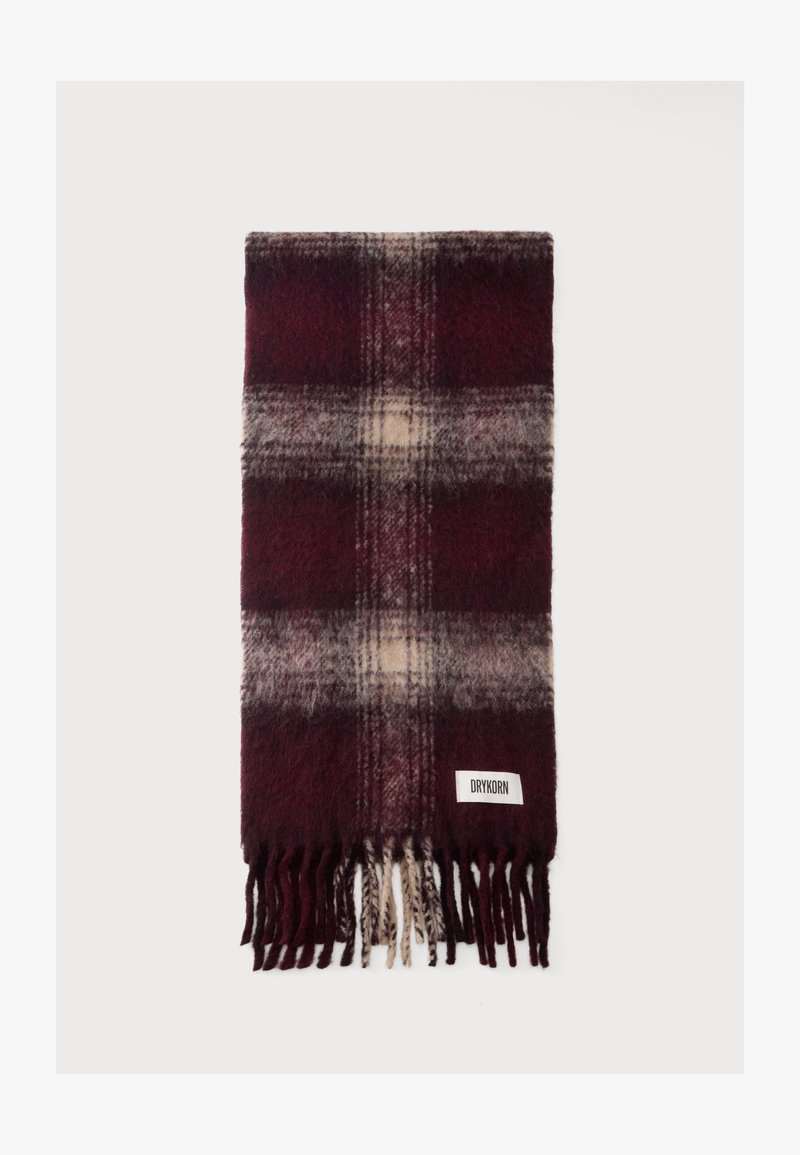 Écharpe à carreaux bordeaux et gris pliée avec des franges et une étiquette blanche indiquant "DRYKORN" sur fond clair.