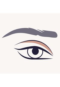 Grafica stilizzata di un occhio con contorno nero. Presenta una sclera bianca, una pupilla scura e accenti morbidi di pesca e marrone. Sopracciglio grigio sopra.