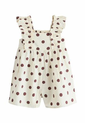 Cream-colored toddler romper with brown polka dots, ruffled shoulder straps, and gathered waist.