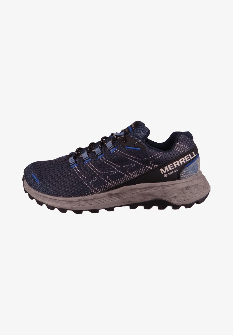 Chaussure de trail Merrell Gore-Tex bleu foncé avec lacets noirs et bleus, semelle extérieure grise robuste et empeigne en mesh pour la respirabilité.