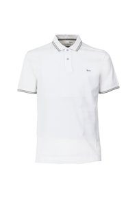 Polo bianco in cotone, con colletto a due bottoni, dettagli a righe grigie sul colletto e sulle maniche, e un piccolo logo sul petto.