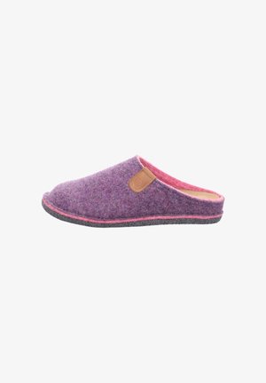 Purple felt slipper with a pink interior, grey sole, and a tan leather accent on the side. Rounded shape with open back design.