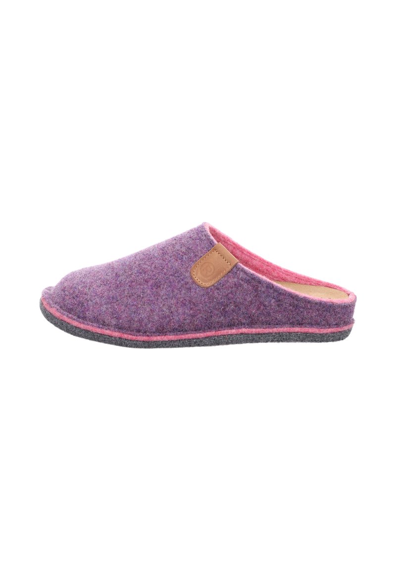 Lila filtsandal med en rosa insida, grå sula och en beigefärgad läderdetalj på sidan. Rundad form med öppen baksida.