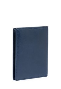 Navy leather wallet with a smooth texture, rectangular shape, and neat stitching along the edges. No visible hardware or patterns.