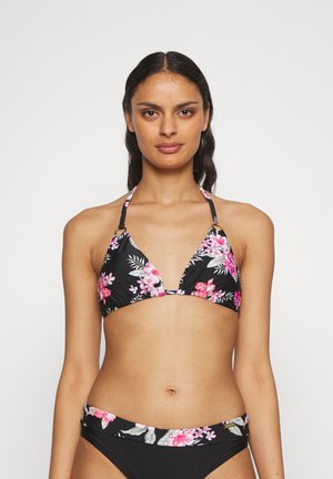 Floral triangle bikini in black with pink and teal floral patterns, featuring adjustable straps and gold-tone hardware accents.