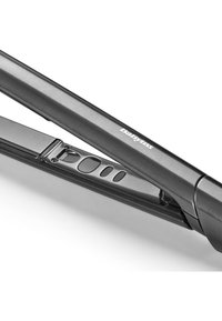 Plancha de pelo de cerámica en negro con acentos metálicos; cuenta con una bisagra, botones para configuraciones y un diseño elegante y suave.
