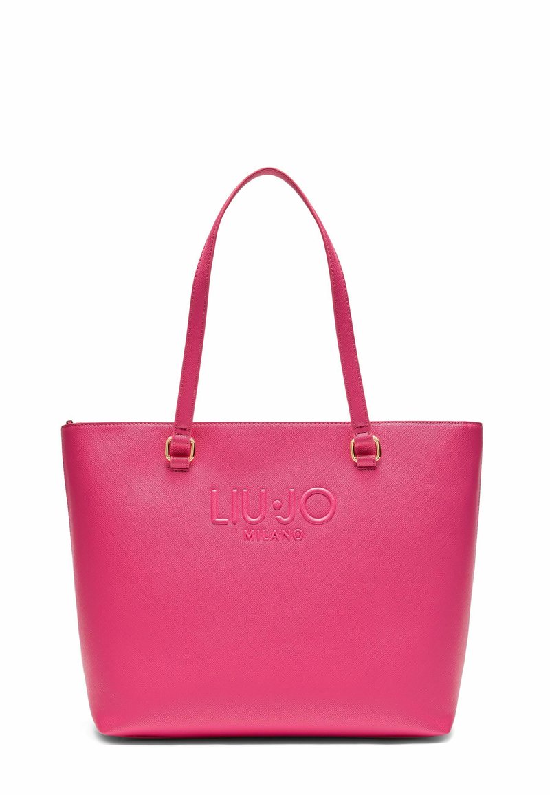 Borsa tote sintetica rosa con due manici, logo in rilievo, texture liscia e forma strutturata. Accenti in metallo color oro.