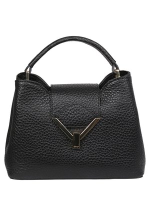 Black textured leather handbag with top handle and gold Y-shaped clasp on front flap closure.
