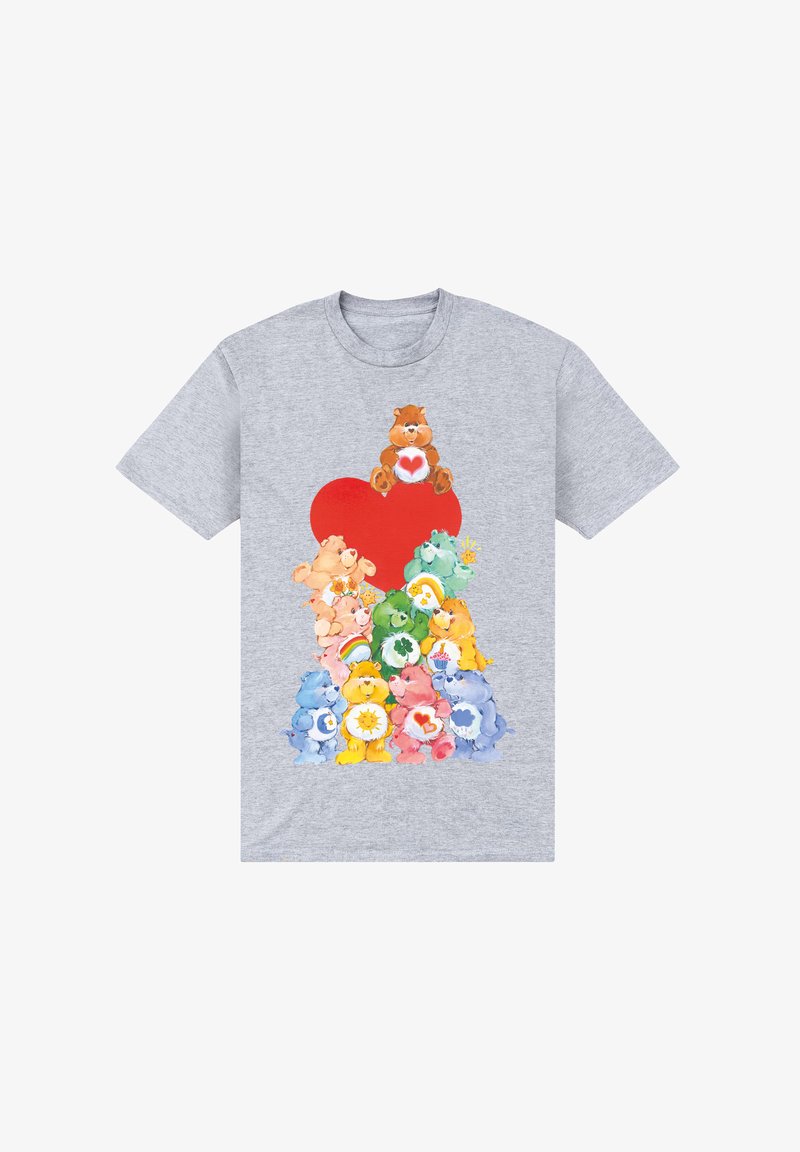 Camiseta de algodón gris con una ilustración colorida de ocho ositos de peluche apilados frente a un gran corazón rojo.