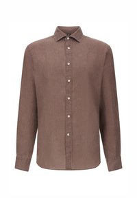 Camicia marrone a maniche lunghe in tessuto testurizzato, caratterizzata da un colletto a bottoni e una costina frontale con bottoni di colore chiaro.