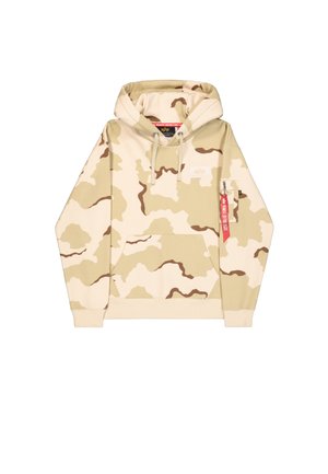 Sweat-shirt à capuche beige et crème avec un motif camouflage, poche avant et poche latérale zippée avec accents rouges. Matière en mélange de coton.