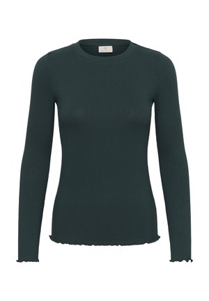 Tumši zaļa šķērtota gara piedurkņu džemperis ar apaļu kakla izgriezumu un nedaudz vilktām malām uz piedurknēm un apakšmalu.