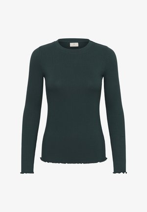 Tume roheline ribakujuline pikakä sleeves ja ümmargune kaelus, millel on kergelt lainelised servad varrukatel ja ääres.