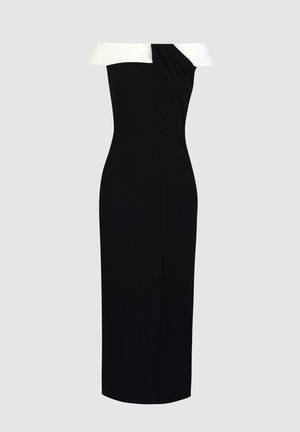 Robe longue noire épaules dénudées avec une bande blanche en haut et une silhouette ajustée et élégante.