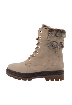 Stivale invernale beige con lacci, polsino in pelliccia sintetica, suola marrone robusta e marchio "Denim Tom Tailor" sul lato.