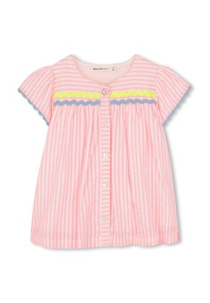 Pink and white striped baby dress with short sleeves, front buttons, yellow and blue wavy trim across the chest, and scalloped sleeve edges.