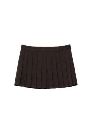 Schwarzer plissierter Minirock mit Gürtelschlaufen und strukturierter Taille auf weißem Hintergrund.