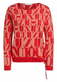 Suéter rojo y rosa claro con un patrón repetido y audaz de la palabra "oui". Cuenta con un cuello redondo y lazos en los costados.