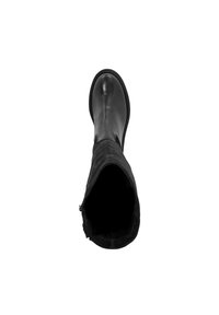 Black knee-high leather boot with rounded toe and side zipper, photographed from above on a white background.