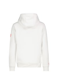 Weißer Hoodie mit weicher Textur, ausgestattet mit einer Kapuze mit Kordelzug und gerippten Bündchen. Kleines rotes Logo am linken Ärmel. Nur Rückansicht.