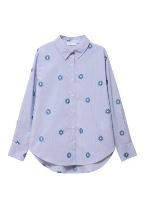Long-sleeve, button-up shirt with vertical light blue stripes and scattered small blue and yellow floral patterns.