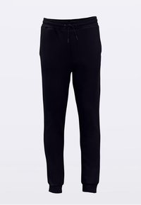Pantalon de survêtement noir avec une taille élastique et un cordon de serrage. Comprend des jambes fuselées et un tissu doux et lisse. Conception minimaliste.