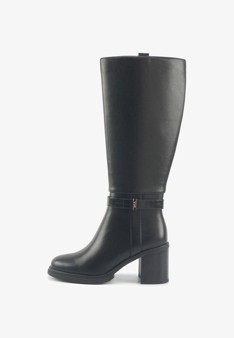 Black leather knee-high boots with a chunky heel, featuring a textured strap with a gold-tone accent and a sleek, smooth design.