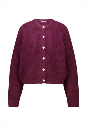 Burgundy knit cardigan with a round neckline, front button closure, ribbed texture, and long sleeves. Features six white buttons.