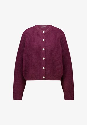 Bordeaux gebreide cardigan met een ronde halslijn, knopensluiting aan de voorkant, ribbelstructuur en lange mouwen. Bevat zes witte knopen.