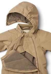 Beige jacket with a detachable fleece-lined hood, zip closure, and snap buttons. Features soft inner lining and front pocket detail.