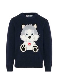 Maglione lavorato a maglia blu navy con design di una testa di lupo in peluche, caratterizzata da grandi occhi e accenti di impronte. Maniche e orlo a coste.