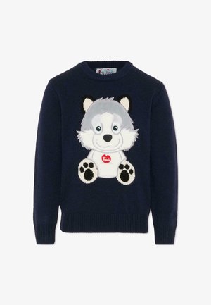 Granatowy sweter z dzianiny z pluszowym wzorem wilka, z dużymi oczami i akcentami w postaci łap. Wykończony ściągaczami przy mankietach i u dołu.
