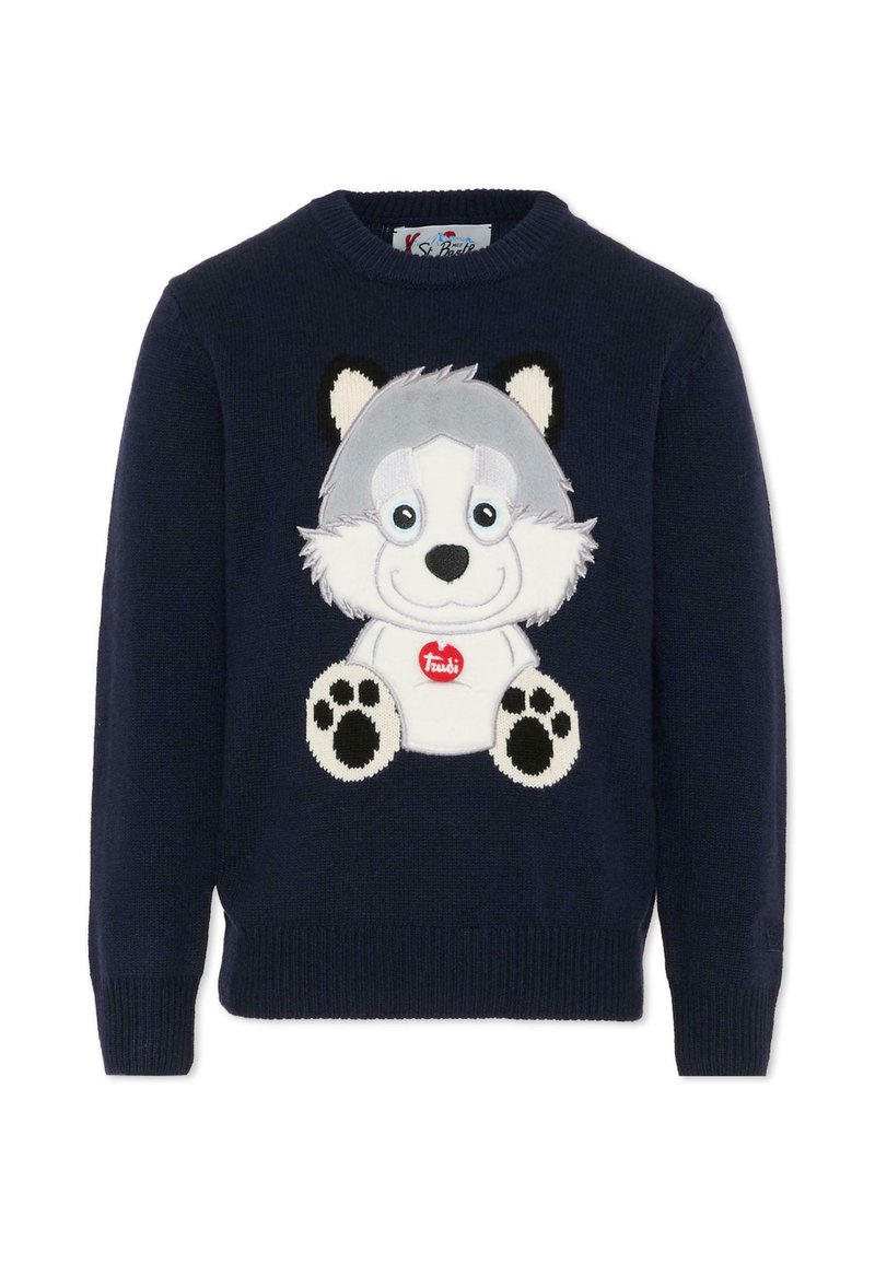Maglione lavorato a maglia blu navy con design di una testa di lupo in peluche, caratterizzata da grandi occhi e accenti di impronte. Maniche e orlo a coste.
