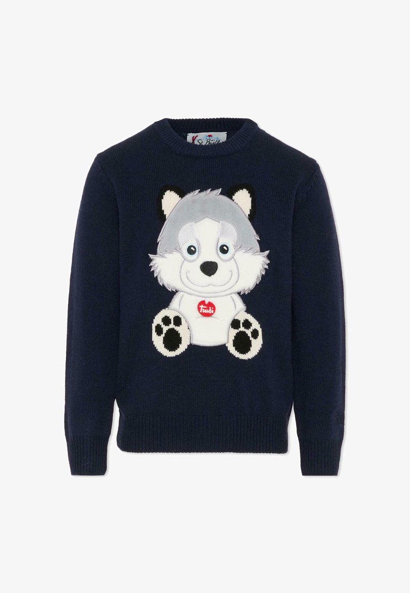 Pull en maille bleu marine avec un design douillet de visage de loup, doté de grands yeux et d'accents en forme d'empreinte de patte. Finitions avec des poignets et un ourlet côtelés.