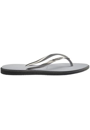 Gray flip-flop sandal with a textured footbed, thin metallic straps, and a slight black accent along the sole. Lightweight design, casual style.