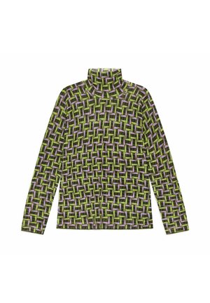 Col roulé à manches longues en tissu présentant un motif géométrique aux couleurs vert, violet et noir, avec un design tissé texturé.