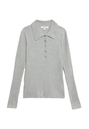 Grauer, gerippter Langarmpullover mit kragenförmigem Ausschnitt, Knopfverschluss und strukturiertem Stoff. Verfügt über einen taillierten Bund und umgeschlagene Ärmel.