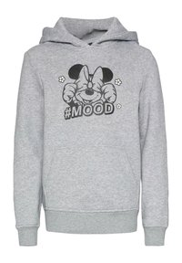 Grå hettegenser med frontlomme, med en svart grafikk av en smilende tegneseriefigur og teksten "#MOOD." Myk bomullsmateriale.